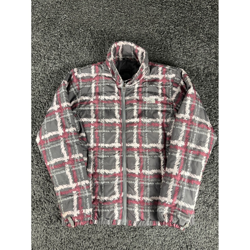 The North Face Womens Plaid Puffer Jacket Grey Burgundy Quilted Full Zip Medium